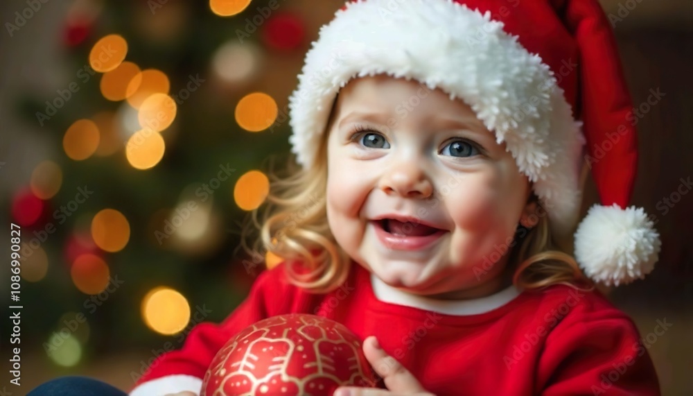 A 1 year old Caucasian baby girl with brown hair wearing a Santa hat and holding a red Christmas ornament, smiling against a red background A 1 year old Caucasian baby girl with brown hair wearing a Santa hat and holding a red Christmas ornament, smiling against a red background