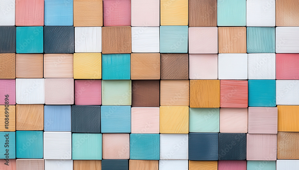 Colorful wooden blocks arranged in a vibrant geometric pattern Colorful wooden blocks arranged in a vibrant geometric pattern