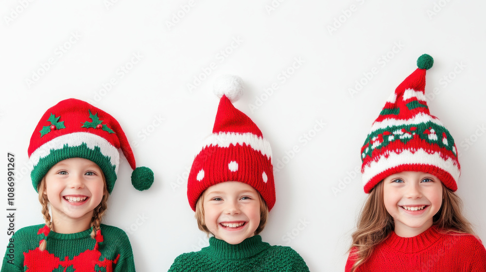 Adorable children dressed as Christmas elves with festive hats Adorable children dressed as Christmas elves with festive hats
