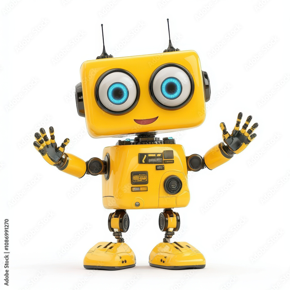 Cute yellow robot waving happily with a friendly smile Cute yellow robot waving happily with a friendly smile