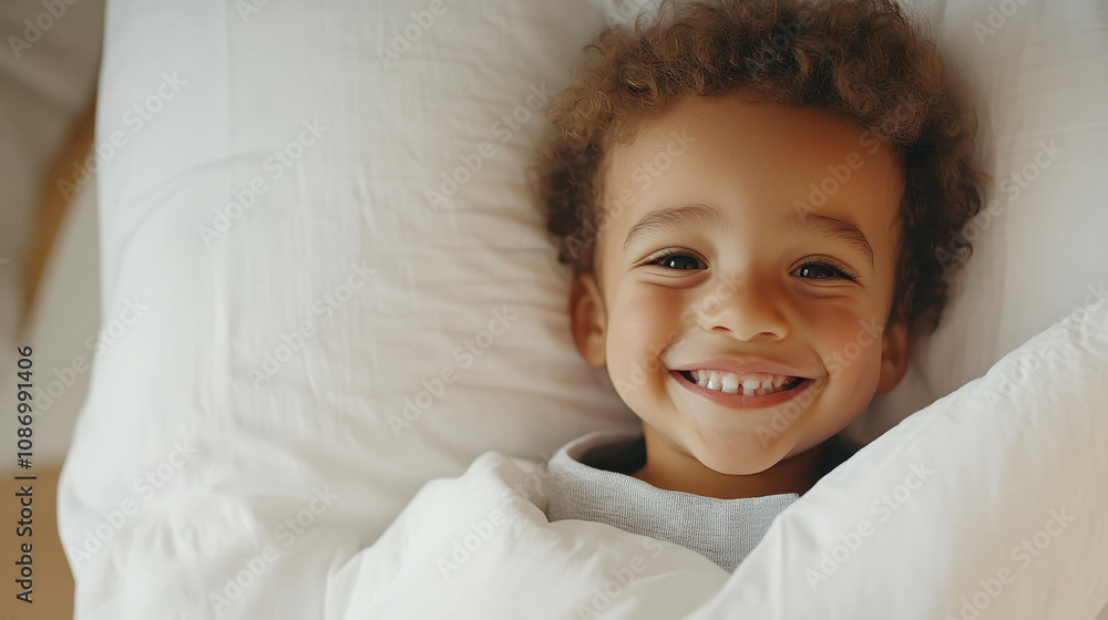 Joyful child smiling warmly while cozy in white bed linens Joyful child smiling warmly while cozy in white bed linens
