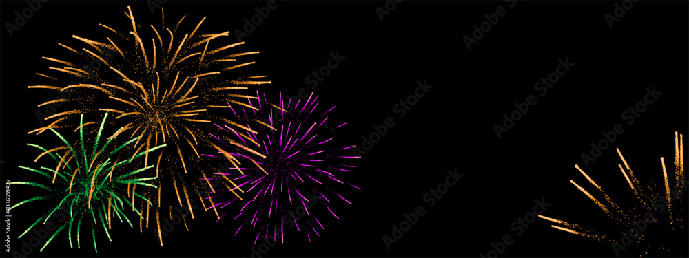 Fototapeta premium Beautiful fireworks with shining sparks at night sky, background with copy space. Vector illustration