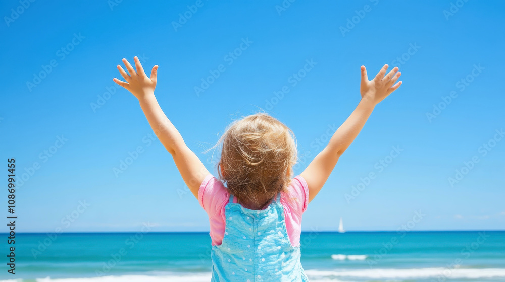 Joyful child with arms raised enjoying a sunny beach day Joyful child with arms raised enjoying a sunny beach day