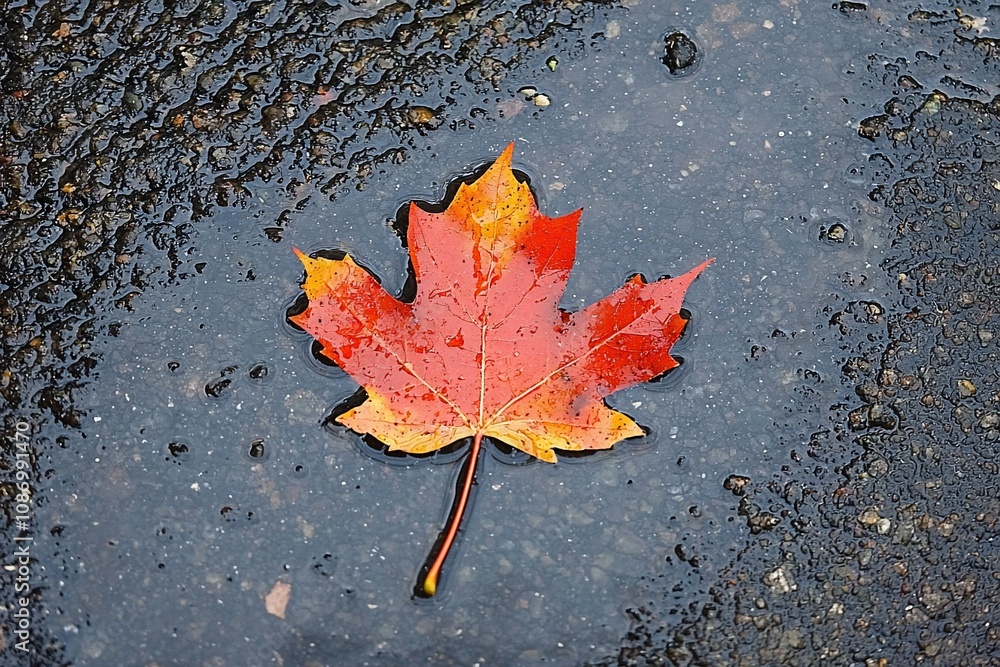 Vibrant Autumn Leaf on Wet Ground Vibrant Autumn Leaf on Wet Ground