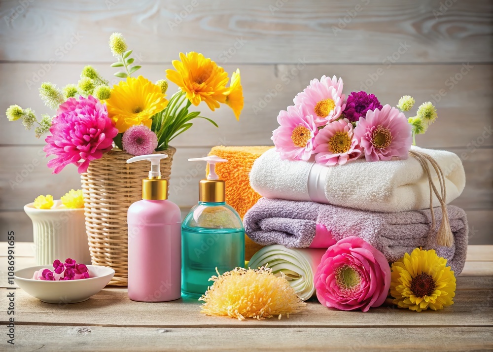Elegant Bathroom Set Still Life: Shower Gels, Sponge, Fresh Flowers, and Colorful Towels for a Relaxing Spa Experience in a Clean and Serene Environment Elegant Bathroom Set Still Life: Shower Gels, Sponge, Fresh Flowers, and Colorful Towels for a Relaxing Spa Experience in a Clean and Serene Environment