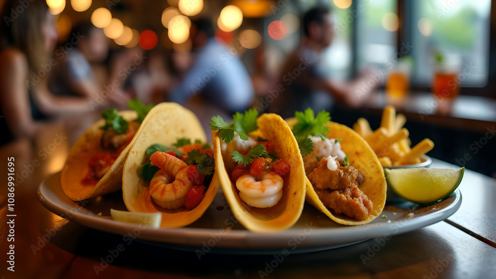 An Intimate View of Flavorful Shrimp and Fish Tacos in a Dynamic Bar Environment with Energetic Vibes An Intimate View of Flavorful Shrimp and Fish Tacos in a Dynamic Bar Environment with Energetic Vibes