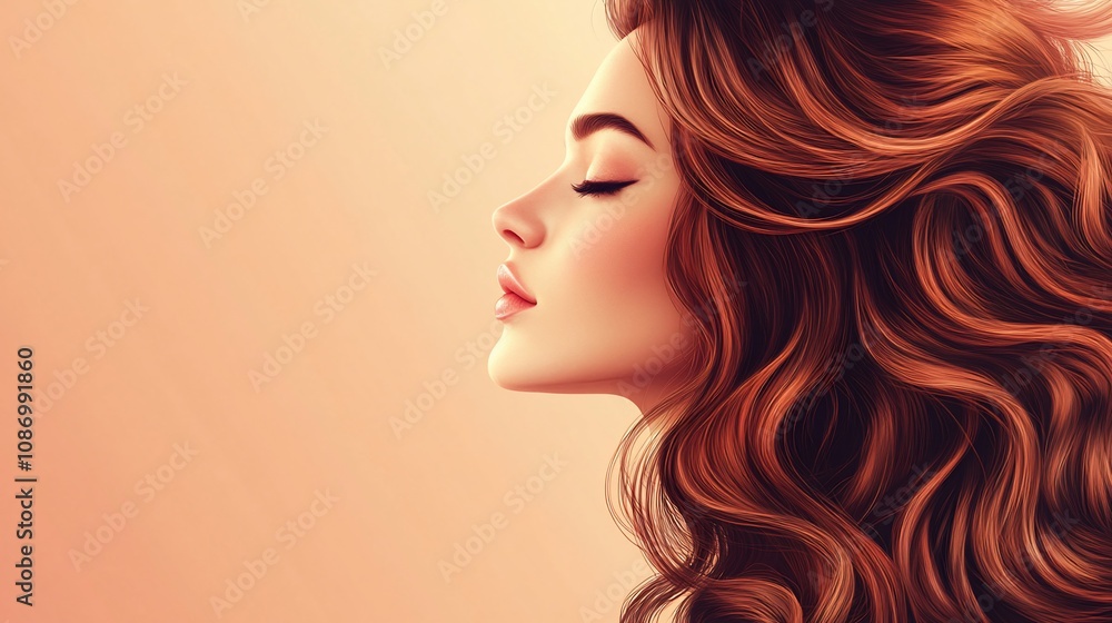 A woman with long, flowing red hair. The woman is in profile, with her eyes closed and her head tilted slightly to the side. The background is a soft, peach color. A woman with long, flowing red hair. The woman is in profile, with her eyes closed and her head tilted slightly to the side. The background is a soft, peach color.