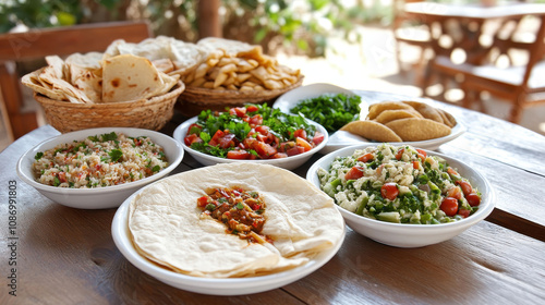 Traditional Egyptian meal served on a rustic wooden table outdoors