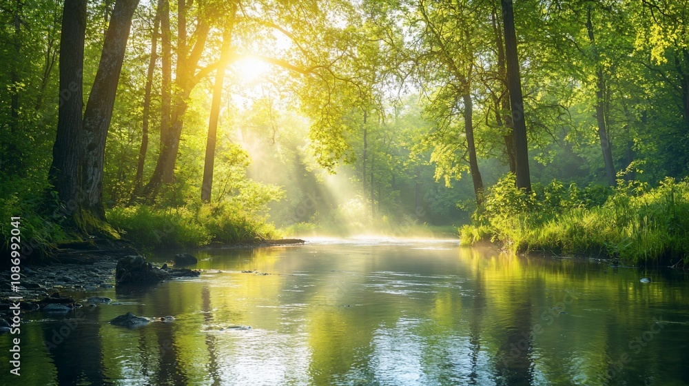 Serene Reflection: Morning Light Over a Tranquil Forest Stream Serene Reflection: Morning Light Over a Tranquil Forest Stream