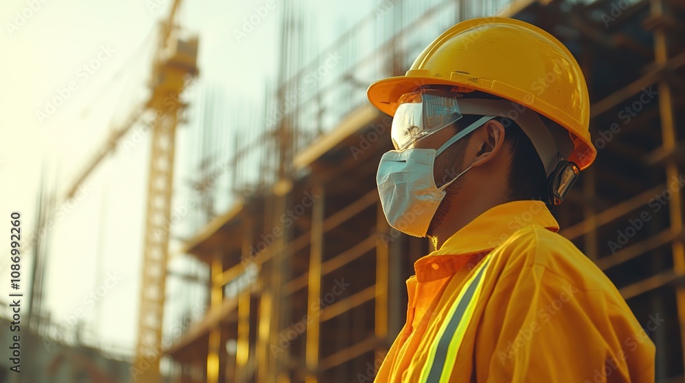 Construction Worker in Safety Gear at Building Site Contemplating Project Challenges with Crane and Scaffold in Background Construction Worker in Safety Gear at Building Site Contemplating Project Challenges with Crane and Scaffold in Background