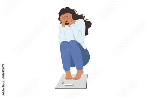 Problems with excess weight cause hysterics in woman who steps on scale and sees appearance new kilograms. Girl suffers from excess weight caused by immobility and eating unhealthy high-calorie foods