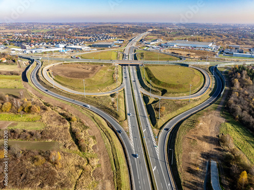 Obraz na płótnie Modlnica interchange on Northern part of S52 Highway ring road around Krakow under construction. Multilevel junction with viaducts, enter and exit ramps and traffic. State on November 16, 2024 w salonie