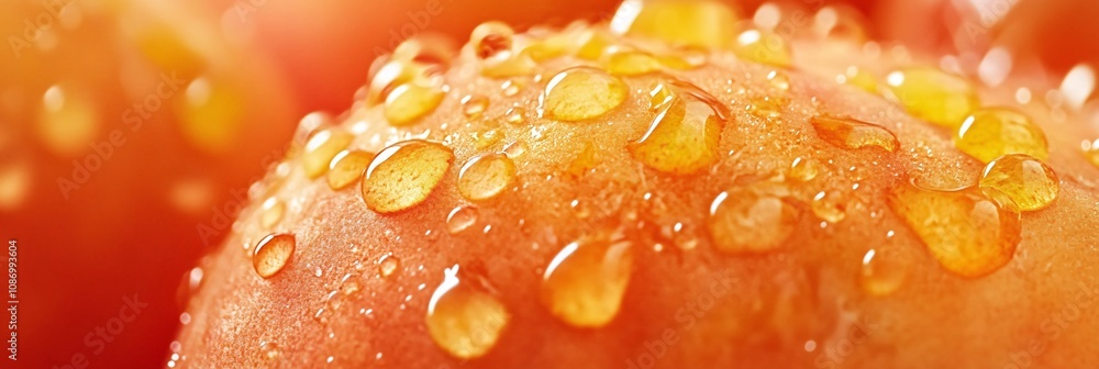 Fresh ripe peach fruit with water droplets close-up, vibrant texture. Fresh ripe peach fruit with water droplets close-up, vibrant texture.