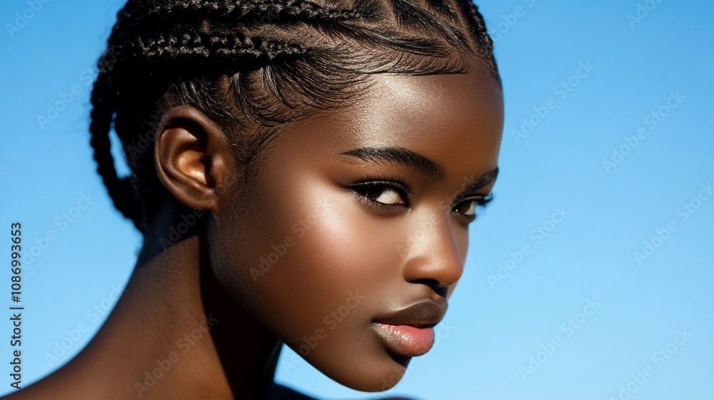 Closeup portrait of a young woman with braided hair against a blue sky. Closeup portrait of a young woman with braided hair against a blue sky.