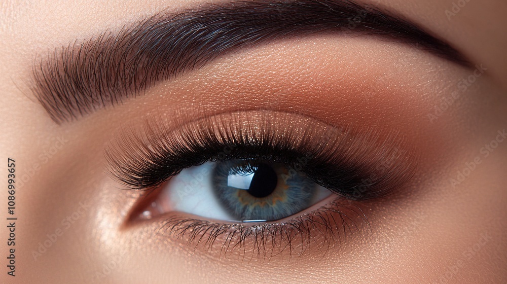 Fototapeta premium Close-up View of a Beautiful Eye Highlighting Flawless Skin Texture and Stunning Makeup with Detailed Eyelashes and Natural Eye Color