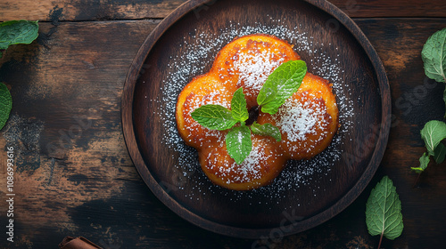 High-angle view of papanasi with a garnish of powdered sugar and fresh mint photo