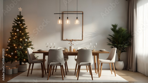 Cozy Modern Living Room with Beautifully Arranged Dining Christmas Table: An Invitation to a Festive Celebration