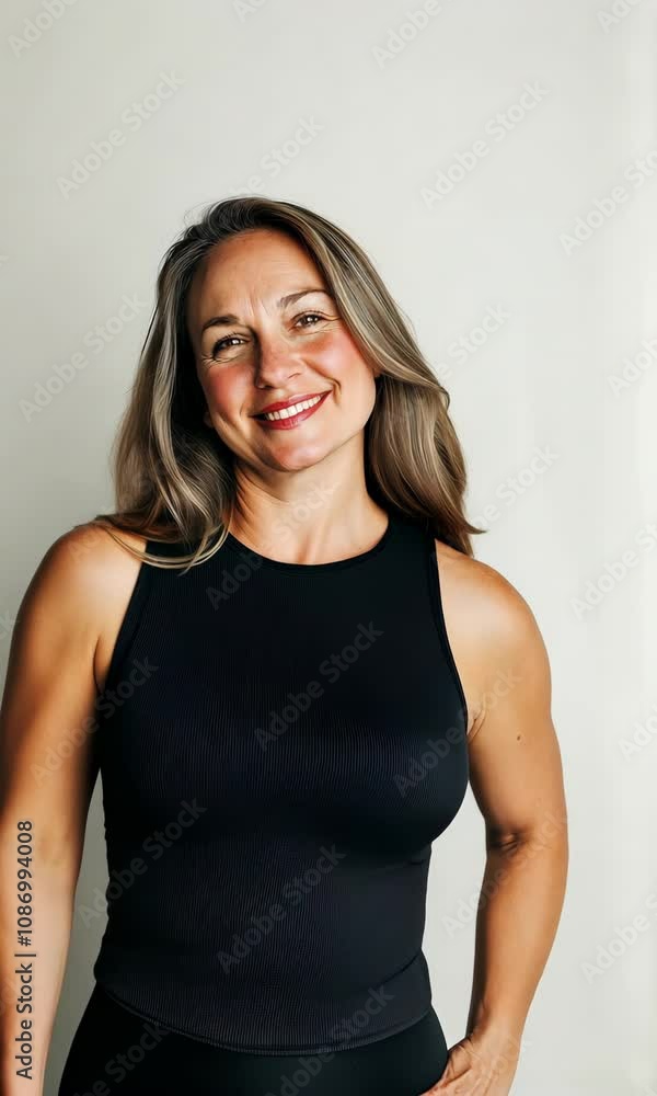 A woman is wearing a black tank top and posing for a photo. She has a smile on her face and she is confident and happy A woman is wearing a black tank top and posing for a photo. She has a smile on her face and she is confident and happy