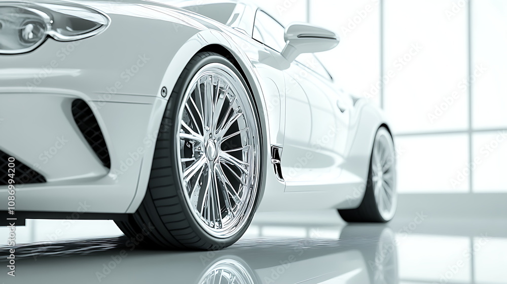 A white luxury car with chrome wheels A white luxury car with chrome wheels