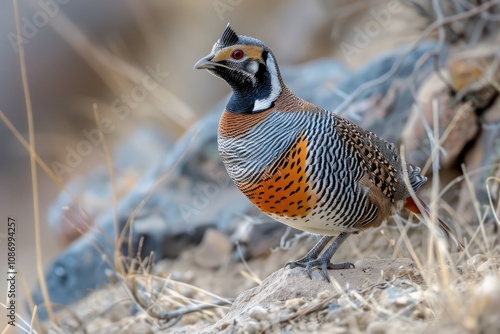 A vibrant Sichuan Mountain Partridge, showcasing intricate plumage and striking red eye, perched on a rock. photo