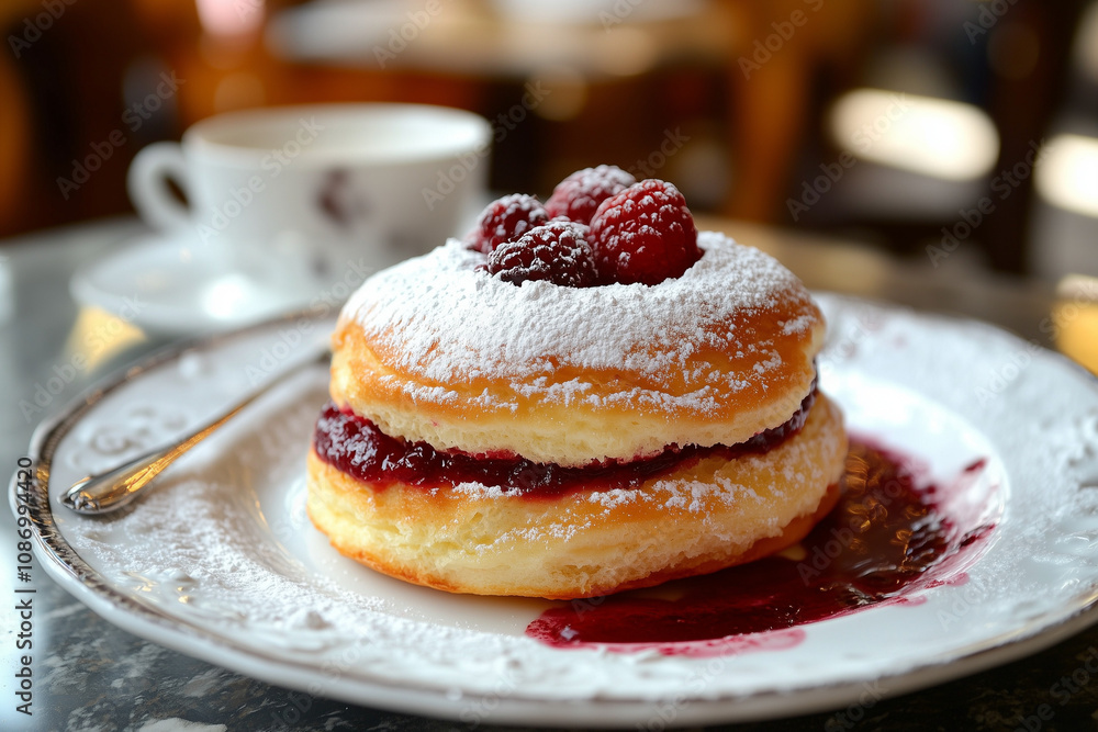 Papanasi served with a side of berry compote, cozy Romanian bakery ambiance Papanasi served with a side of berry compote, cozy Romanian bakery ambiance