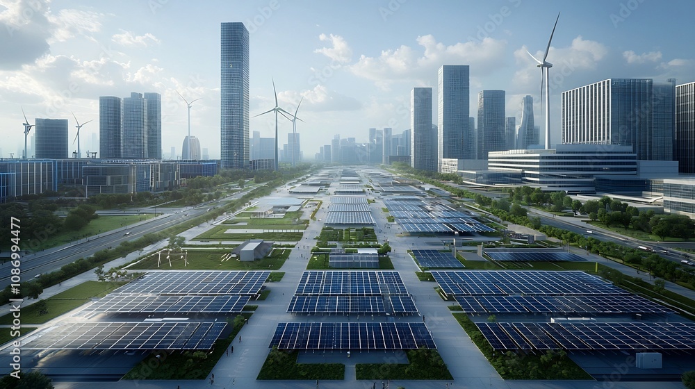 Futuristic skyline of a modern green powered high tech city with solar ...