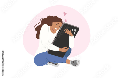 Teenage girl is experiencing addiction from social networks and using smartphone, sitting on floor hugging large phone. Problem of digital addiction and devoting all free time to internet surfing