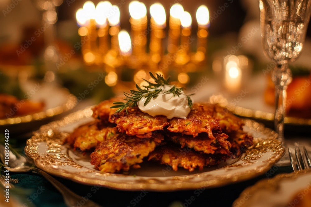 Holiday table featuring latkes with sour cream and rosemary Holiday table featuring latkes with sour cream and rosemary