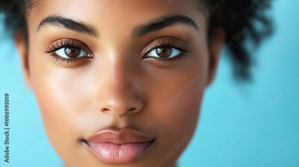Close-Up Portrait of a Young Woman with Beautiful Skin, Radiant Eyes, and Natural Hair Against a Soft Blue Background in Studio Lighting Close-Up Portrait of a Young Woman with Beautiful Skin, Radiant Eyes, and Natural Hair Against a Soft Blue Background in Studio Lighting