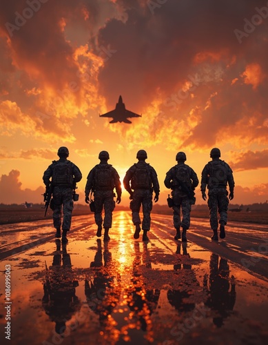 Silhouettes of soldiers walking on a wet runway at sunset, with a fighter jet taking off in the background. Military teamwork and aviation concept.