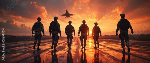 Silhouettes of soldiers walking on a wet runway at sunset, with a fighter jet taking off in the background. Military teamwork and aviation concept.