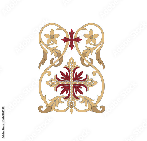 GOLD EMBROIDERY FOR LITURGICAL CLOTHES AND SACRED CEREMONIES. SACRED CATHOLIC SYMBOLS IN ANCIENT STYLE WITH GOLDEN DECORATIONS