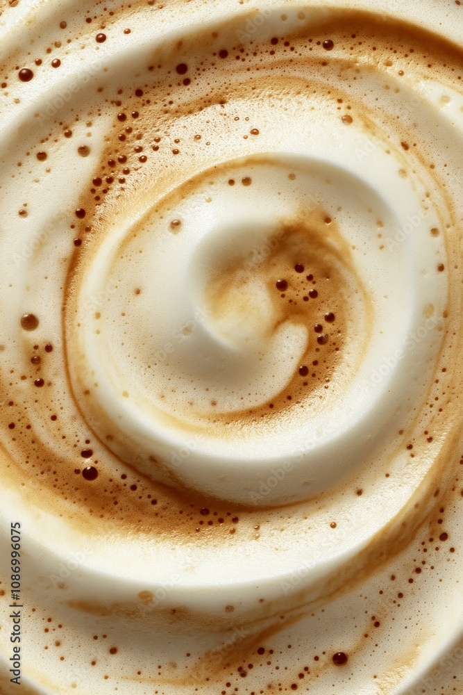 Thick, creamy foam swirls elegantly above a freshly brewed latte, featuring rich espresso hues blended with velvety milk in a cafe ambiance Thick, creamy foam swirls elegantly above a freshly brewed latte, featuring rich espresso hues blended with velvety milk in a cafe ambiance
