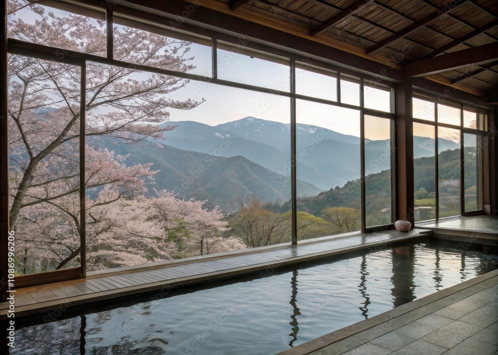 Serene Interior with Mountain View and Cherry Blossoms: Tranquil Pool in Low Light Photography for Relaxation and Peaceful Retreats Serene Interior with Mountain View and Cherry Blossoms: Tranquil Pool in Low Light Photography for Relaxation and Peaceful Retreats
