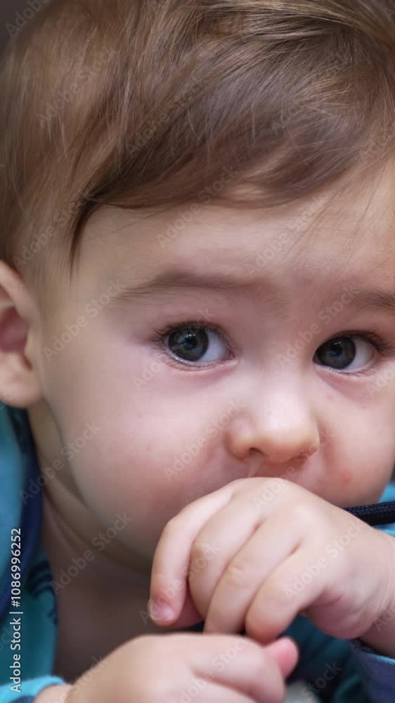 Funny Caucasian kid lies on floor chewing the black lace. Lovely baby reaching the bright toy car beside him. Close up. Vertical video Funny Caucasian kid lies on floor chewing the black lace. Lovely baby reaching the bright toy car beside him. Close up. Vertical video