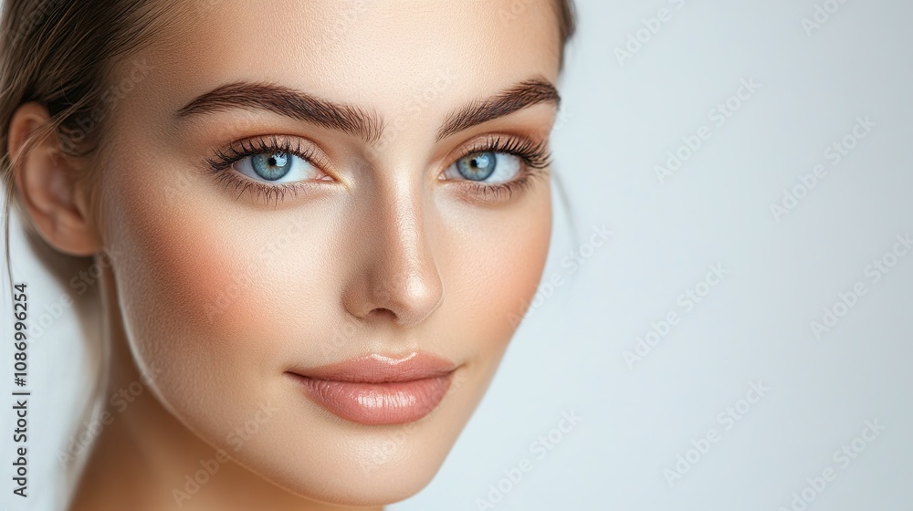 Close-Up Portrait of a Beautiful Woman with Clear Skin and Bright Blue Eyes Demonstrating Natural Beauty and Flawless Makeup Technique in Soft Lighting Close-Up Portrait of a Beautiful Woman with Clear Skin and Bright Blue Eyes Demonstrating Natural Beauty and Flawless Makeup Technique in Soft Lighting