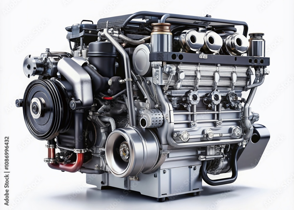 Modern High-Tech Engine Isolated on White Background Showcasing Valve Maintenance and Gasoline Consumption Efficiency for Automotive Industry Modern High-Tech Engine Isolated on White Background Showcasing Valve Maintenance and Gasoline Consumption Efficiency for Automotive Industry