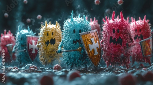 vibrant and whimsical environment heroic white blood cells armor valiantly defend menacing bacteria knights wielding sharp weapons amidst lively microscopic battleground.