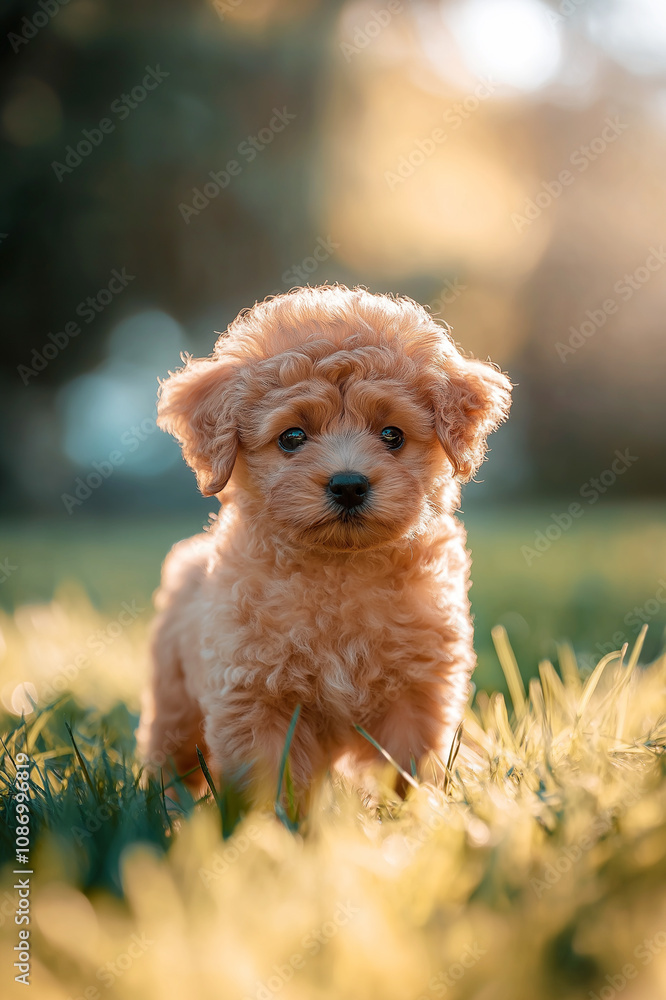 An adorable orange poodle puppy sitting in the grass during golden hour, radiating warmth, innocence, and natural charm. An adorable orange poodle puppy sitting in the grass during golden hour, radiating warmth, innocence, and natural charm.