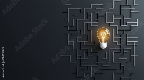 Creative concept with a light bulb in the center of a maze on a black and gold background symbolizing the process of idea finding innovative solutions to challenges