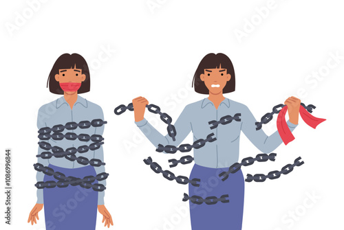 Emancipation woman breaking chains to free herself from oppression and discriminatory attitudes. Emancipation of girl who fell into slavery due to social injustice or family violence