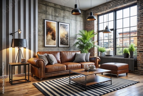 Elegant Loft Industrial Apartment Featuring Mock-Up Poster, Stylish Brown Sofa, Black Stripes Commode, Coffee Table, Grey Rug, and Contemporary Lamp for Modern Living Spaces