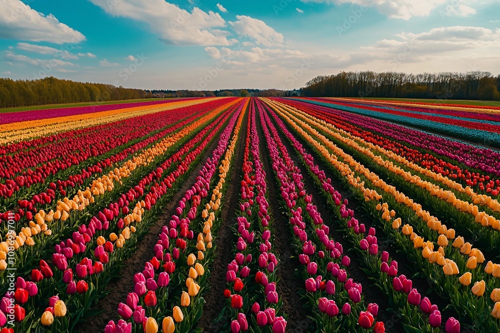 Vibrant Tulip Fields Under a Bright Sky: A Springtime Delight Vibrant Tulip Fields Under a Bright Sky: A Springtime Delight