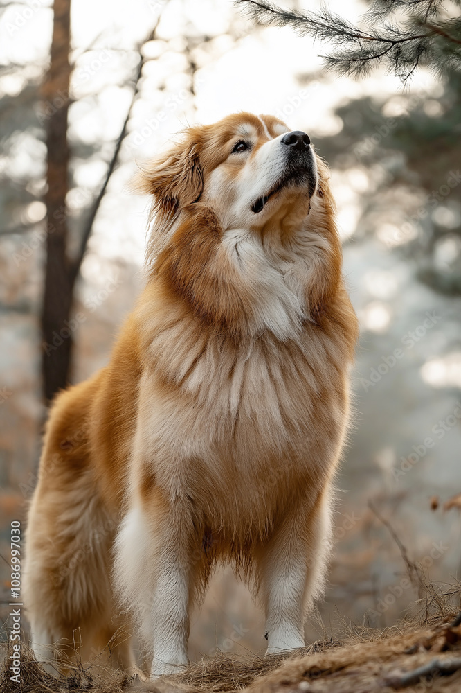 Majestic golden retriever standing outdoors in a serene forest, looking upwards with curiosity and grace during a tranquil autumn morning. Majestic golden retriever standing outdoors in a serene forest, looking upwards with curiosity and grace during a tranquil autumn morning.