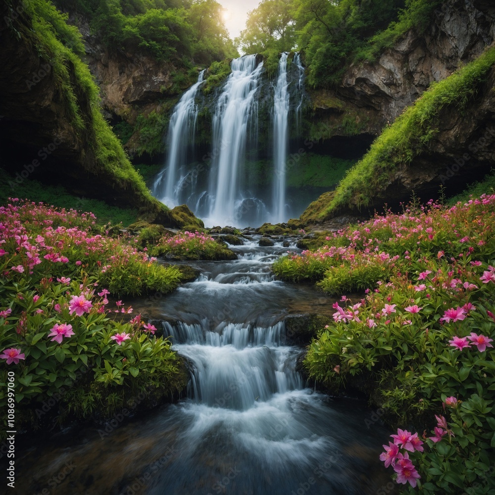 Obraz premium A magical valley where flowers bloom in cascading waterfalls.