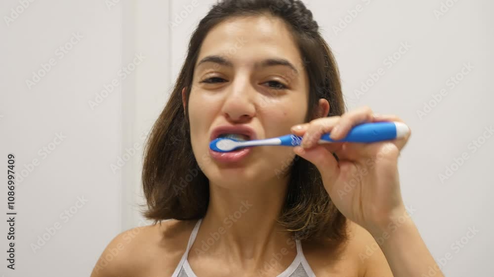Woman brushing her teeth in front of the mirror Woman brushing her teeth in front of the mirror