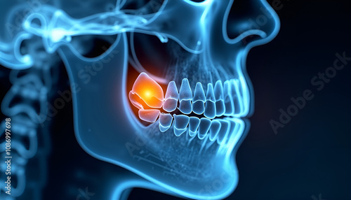 Dental X-ray image highlighting impacted wisdom tooth in human skull