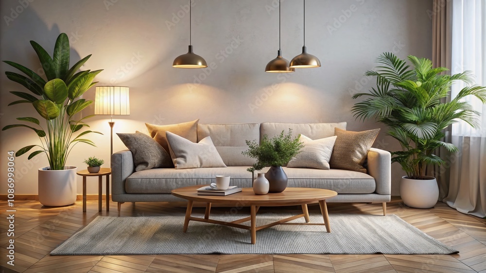 Elegant Minimalist Living Room Interior with Cozy Sofa, Cushions, Wooden Side Table, Indoor Plants, and Stylish Accessories for a Perfect Low Light Photography Template Elegant Minimalist Living Room Interior with Cozy Sofa, Cushions, Wooden Side Table, Indoor Plants, and Stylish Accessories for a Perfect Low Light Photography Template