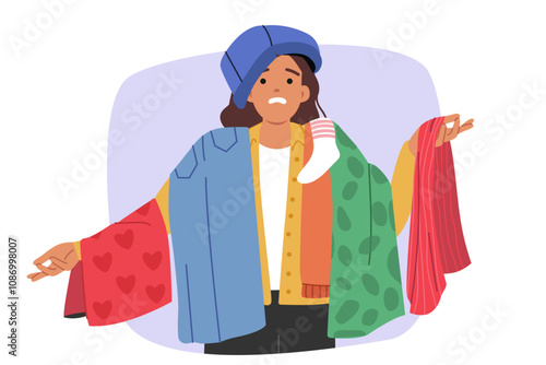 Shopaholic woman keeps lot of clothes, feeling embarrassed due to lack of skills in choosing outfit. Shopaholic girl bought lot of unnecessary pants and t-shirts because of consumer disease
