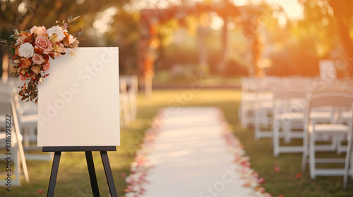 A 36 x 24-inch wedding sign mockup placed on a stylish black easel in an enchanting outdoor wedding setting. The softly blurred background showcases rows of elegantly decorated chairs, a